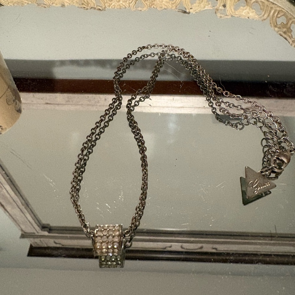 Guess Silver Necklace with Diamond Studded Pendant